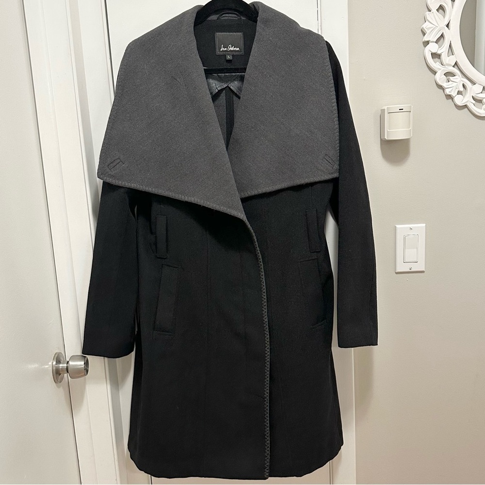 Sam Edelman Oversize Collar Soft Black & Gray Long Trench Pea Coat Women’s L